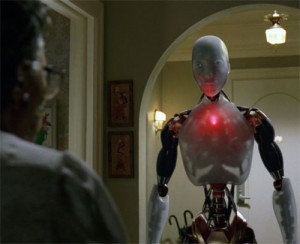 An NS-5 robot enforces V.I.K.I.'s new plan to "protect" humans by not allowing them outdoors.